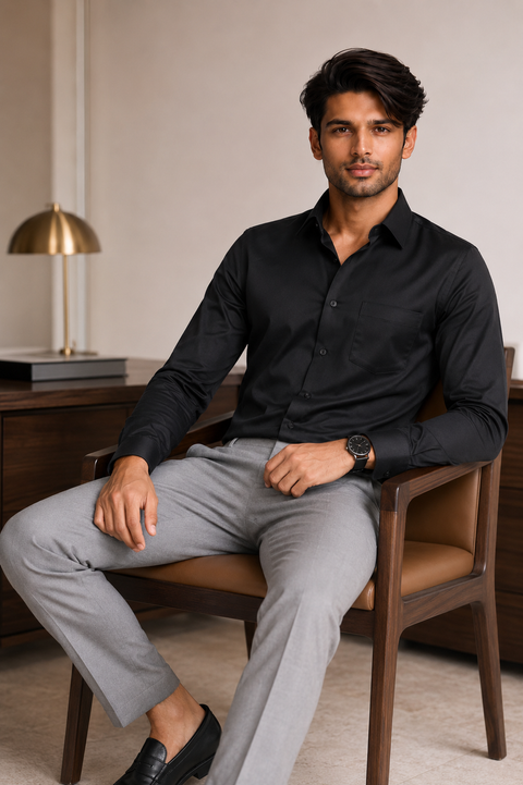 ADRO Premium Cotton Satin Shirt for Men | Casual Fit Solid Full Sleeve Shirt in Jet Black