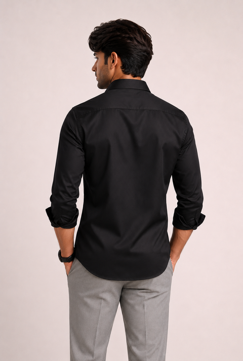 ADRO Premium Cotton Satin Shirt for Men | Casual Fit Solid Full Sleeve Shirt in Jet Black