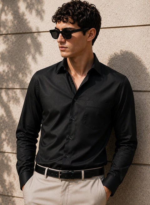 ADRO Men's Premium Cotton Satin Shirt | Solid Full Sleeve Casual Shirt | Regular Fit | Black