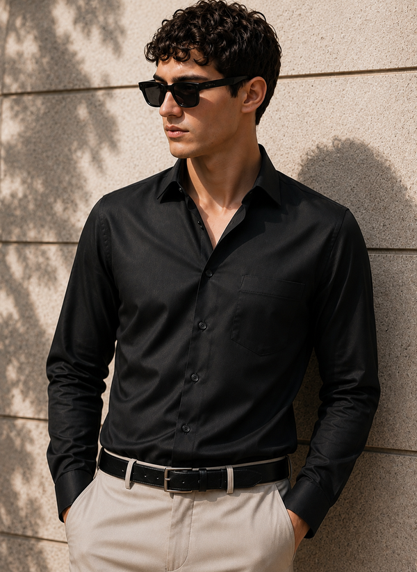 ADRO Premium Cotton Satin Shirt for Men | Casual Fit Solid Full Sleeve Shirt in Jet Black