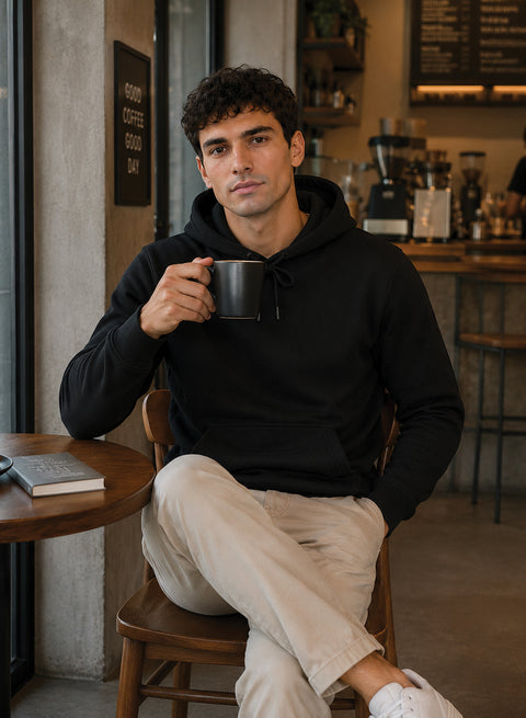 ADRO Hoodie for men | 300 GSM Cotton Fleece Warm & Soft Fabric | Mens Hoodies | Casual Sweatshirt for Winter, Travel & Collage | Regular Fit Hooded Pullover | Onyx Black