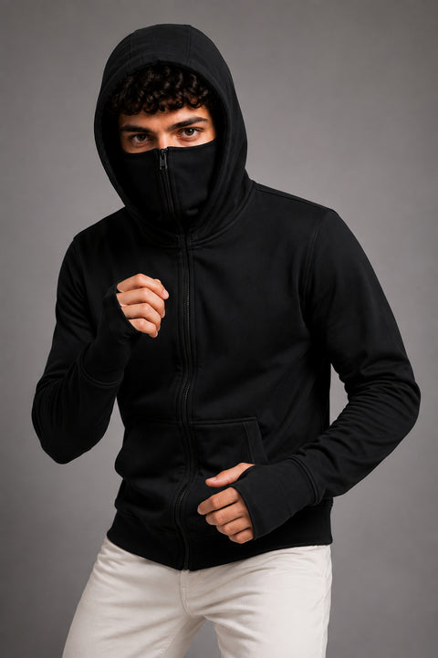 ADRO Balaclava Hoodie for Men | 300 GSM Cotton fleece Warm Fabric| Ski Mask Hooded Jacket for Men | Mens Hoodies with Gloves | Onyx Black