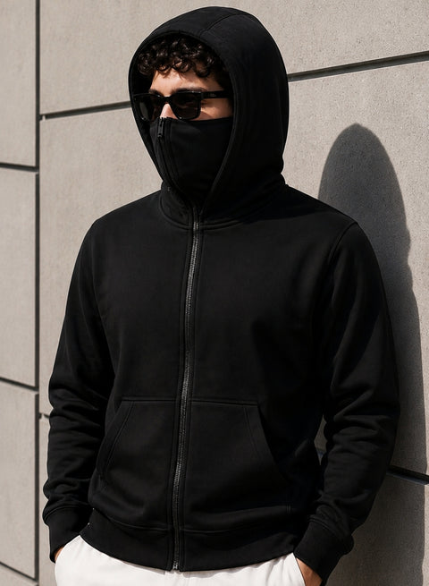 ADRO Balaclava Hoodie for Men | 300 GSM Cotton fleece Warm Fabric| Ski Mask Hooded Jacket for Men | Mens Hoodies with Gloves | Onyx Black