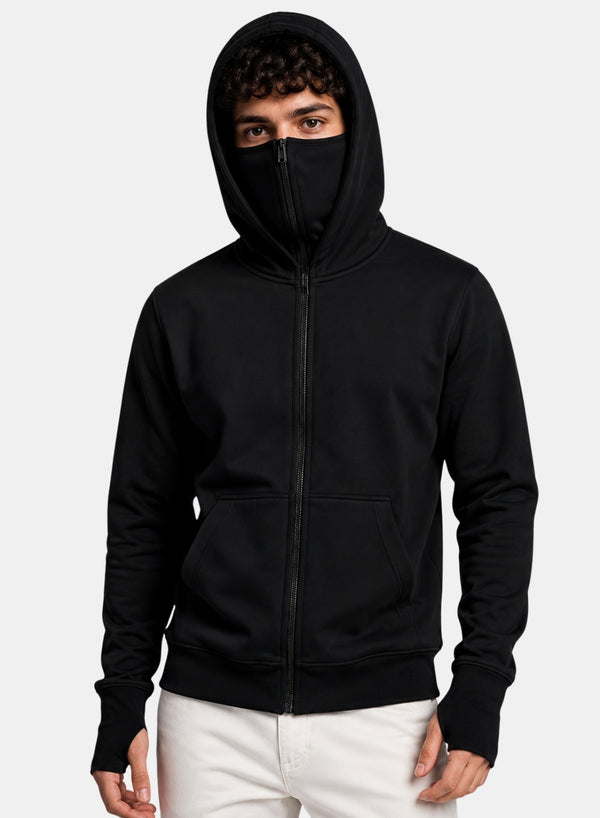 ADRO Balaclava Hoodie for Men | 300 GSM Cotton fleece Warm Fabric| Ski Mask Hooded Jacket for Men | Mens Hoodies with Gloves | Onyx Black
