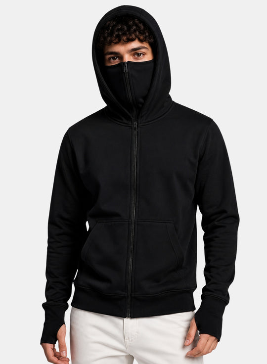 ADRO Balaclava Hoodie for Men | 300 GSM Cotton fleece Warm Fabric| Ski Mask Hooded Jacket for Men | Mens Hoodies with Gloves | Onyx Black