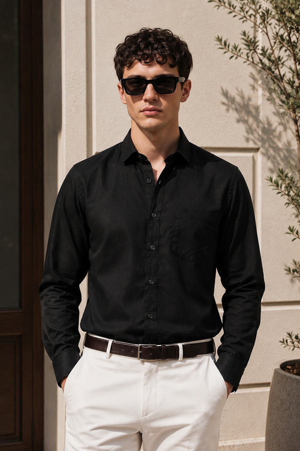 Men's Black Cotton Linen Shirt | Textured Casual Shirt