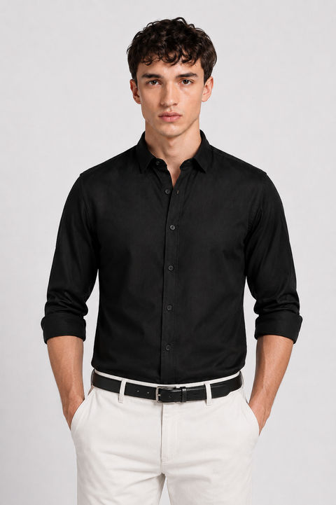 Men's Black Cotton Linen Shirt | Textured Casual Shirt