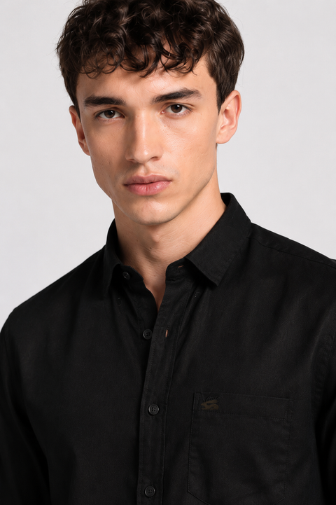 Men's Black Cotton Linen Shirt | Textured Casual Shirt