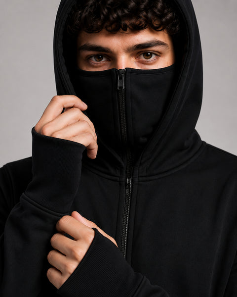ADRO Balaclava Hoodie for Men | 300 GSM Cotton fleece Warm Fabric| Ski Mask Hooded Jacket for Men | Mens Hoodies with Gloves | Onyx Black