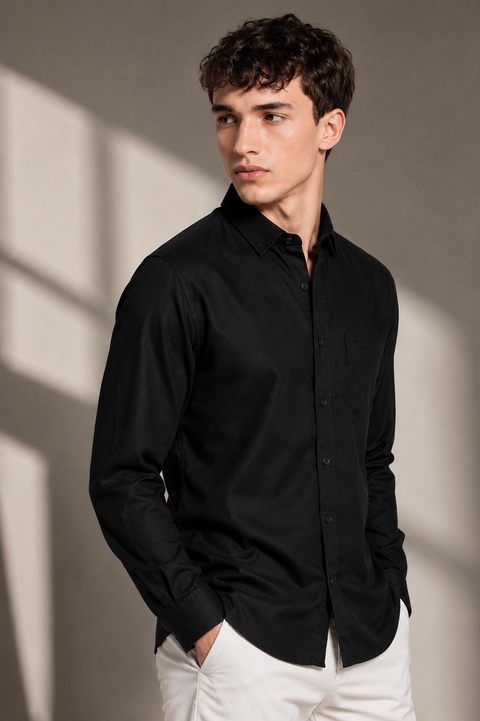 Men's Black Cotton Linen Shirt | Textured Casual Shirt