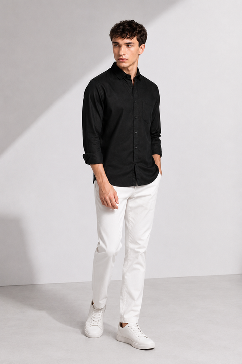 Men's Black Cotton Linen Shirt | Textured Casual Shirt
