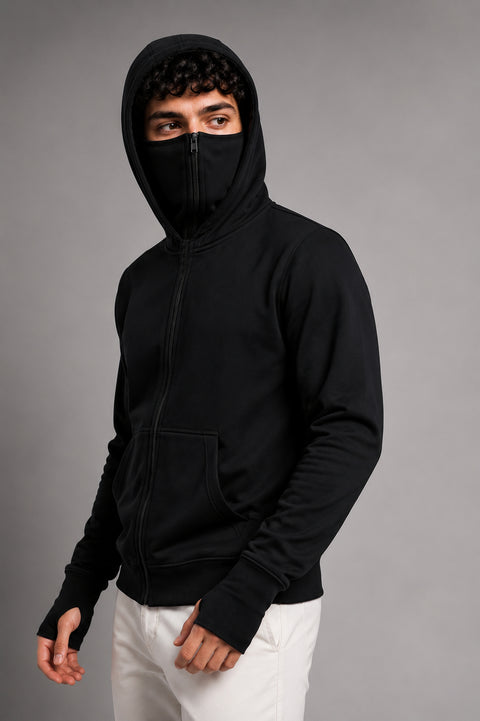 ADRO Balaclava Hoodie for Men | 300 GSM Cotton fleece Warm Fabric| Ski Mask Hooded Jacket for Men | Mens Hoodies with Gloves | Onyx Black