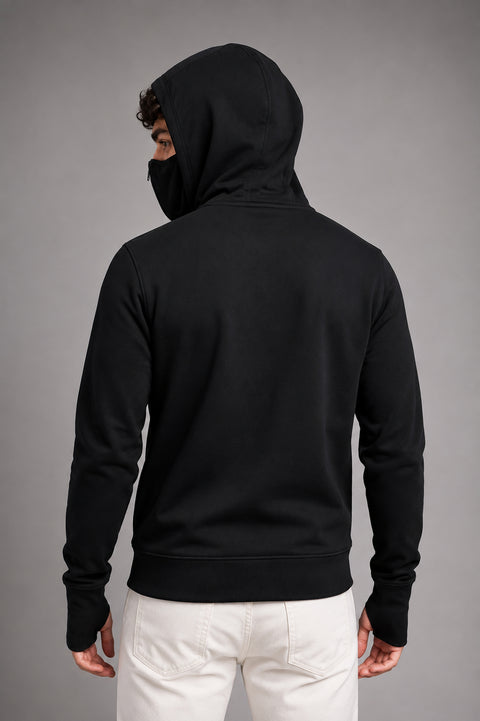 ADRO Balaclava Hoodie for Men | 300 GSM Cotton fleece Warm Fabric| Ski Mask Hooded Jacket for Men | Mens Hoodies with Gloves | Onyx Black
