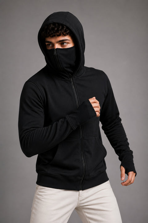 ADRO Balaclava Hoodie for Men | 300 GSM Cotton fleece Warm Fabric| Ski Mask Hooded Jacket for Men | Mens Hoodies with Gloves | Onyx Black