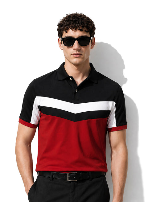 Adro Multicolour Polo T Shirt | 100% Cotton Mens Polo Tshirt | Regular Fit Half Sleeve Cut & Sew Polo T-shirt for men | Crimson Vibe