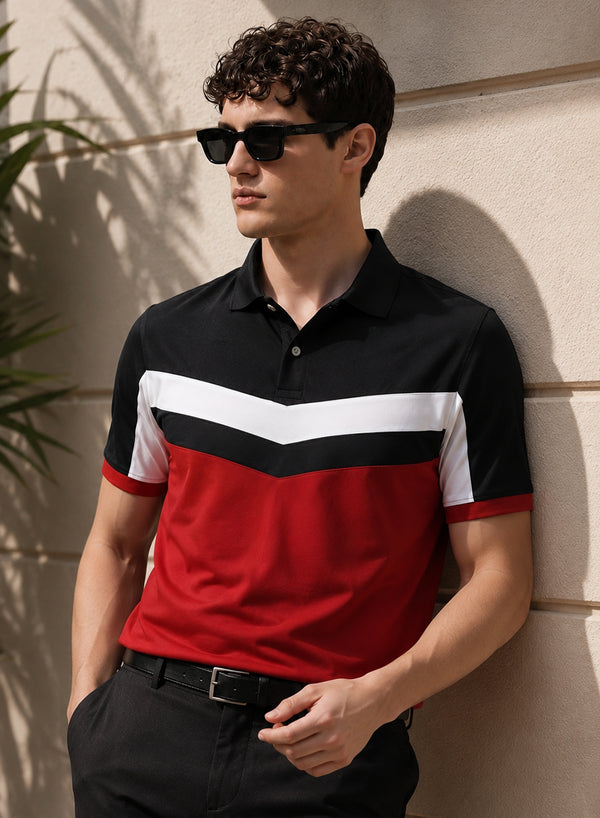 Adro Multicolour Polo T Shirt | 100% Cotton Mens Polo Tshirt | Regular Fit Half Sleeve Cut & Sew Polo T-shirt for men  | Crimson Vibe