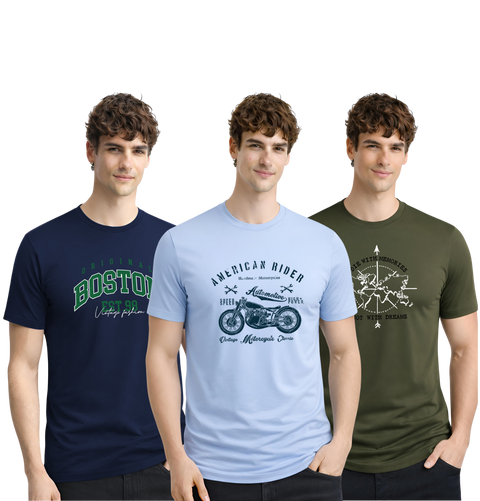Men’s Cotton T-Shirt Combo Pack of 3 | Regular Fit | ADRO Basics Navy Blue, Sky Blue, Olive
