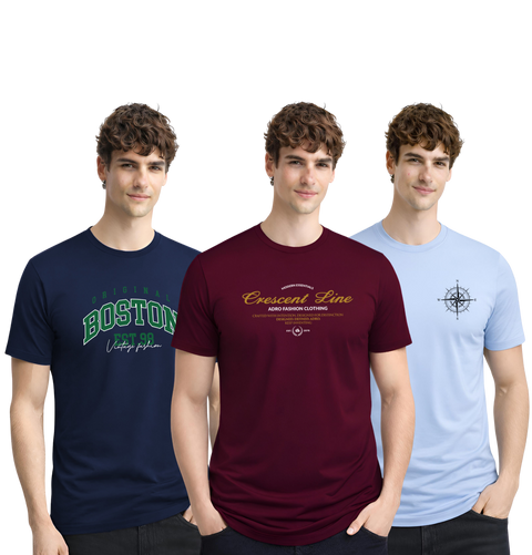 Men’s Cotton T-Shirt Combo Pack of 3 | Regular Fit | ADRO Basics Navy Blue, Maroon, Sky Blue