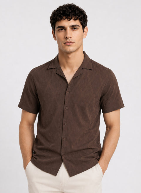 ADRO Men's Textured Cuban Collar Jacquard Shirt - Chocolate Brown