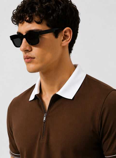 Mens Premium Cotton Polo T-Shirt | 220 GSM Soft Fabric | Casual stylish Look | Zipper Polo Design Polo T shirt | Polo Tshirt for All-Day Wear | French Roast