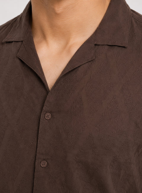 ADRO Men's Textured Cuban Collar Jacquard Shirt - Chocolate Brown
