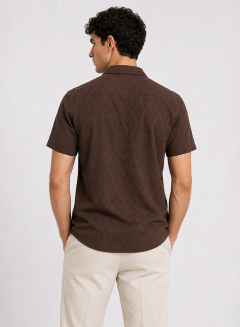 ADRO Men's Textured Cuban Collar Jacquard Shirt - Chocolate Brown
