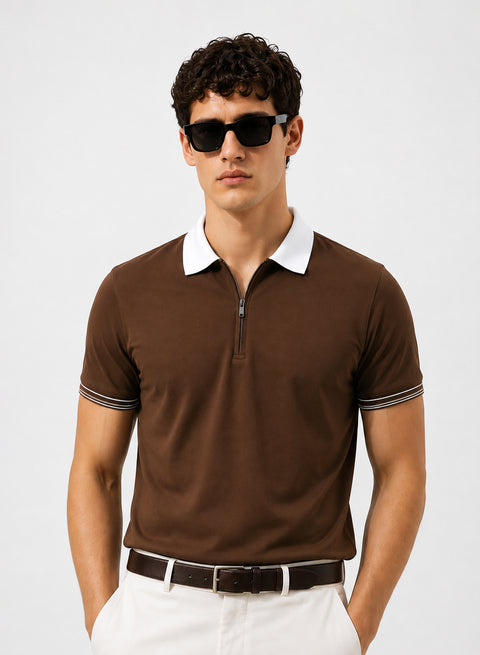 Mens Premium Cotton Polo T-Shirt | 220 GSM Soft Fabric | Casual stylish Look | Zipper Polo Design Polo T shirt | Polo Tshirt for All-Day Wear | French Roast
