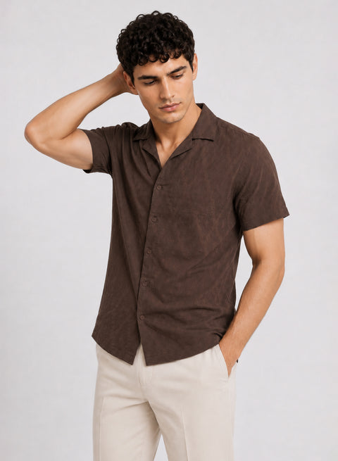 ADRO Men's Textured Cuban Collar Jacquard Shirt - Chocolate Brown