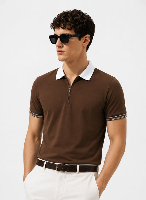 Mens Premium Cotton Polo T-Shirt | 220 GSM Soft Fabric | Casual stylish Look | Zipper Polo Design Polo T shirt | Polo Tshirt for All-Day Wear | French Roast