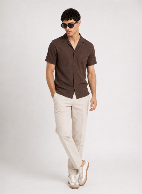 ADRO Men's Textured Cuban Collar Jacquard Shirt - Chocolate Brown