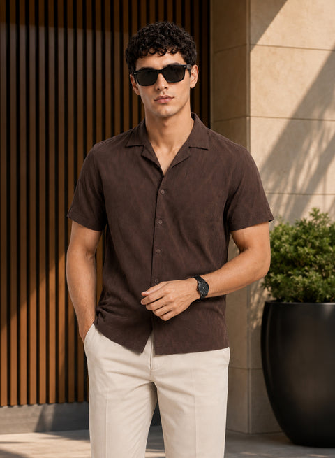 ADRO Men's Textured Cuban Collar Jacquard Shirt - Chocolate Brown