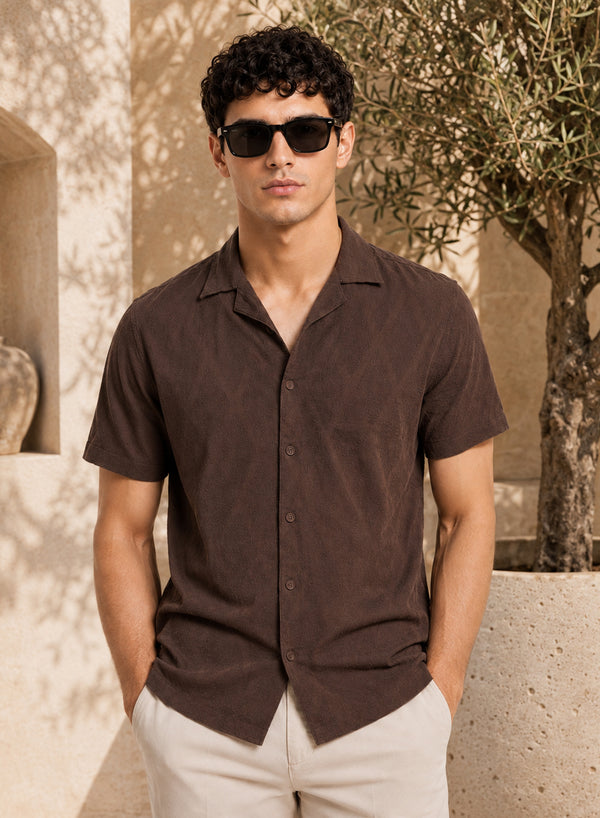 ADRO Men's Textured Cuban Collar Jacquard Shirt - Chocolate Brown