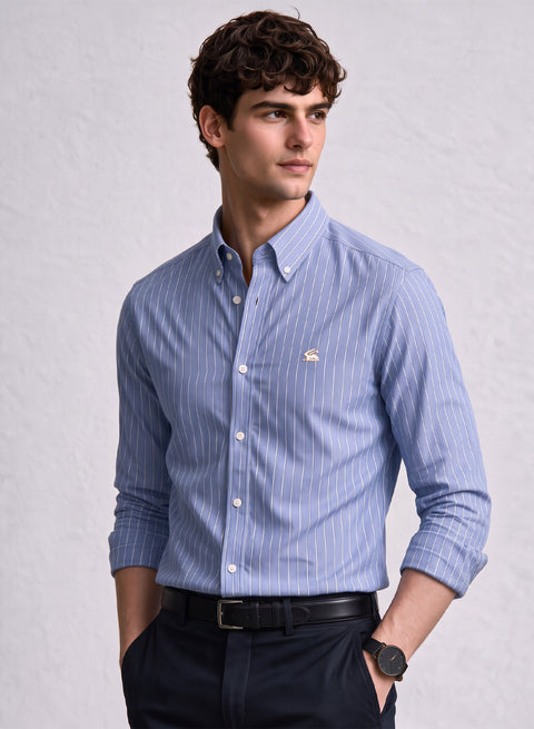 ADRO Mens Sky Blue Striped Oxford Cotton Casual Shirt for Men | Full Sleeve Button-Down Collar Smart Fit Shirts for Men