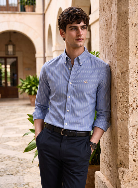 ADRO Mens Sky Blue Striped Oxford Cotton Casual Shirt for Men | Full Sleeve Button-Down Collar Smart Fit Shirts for Men