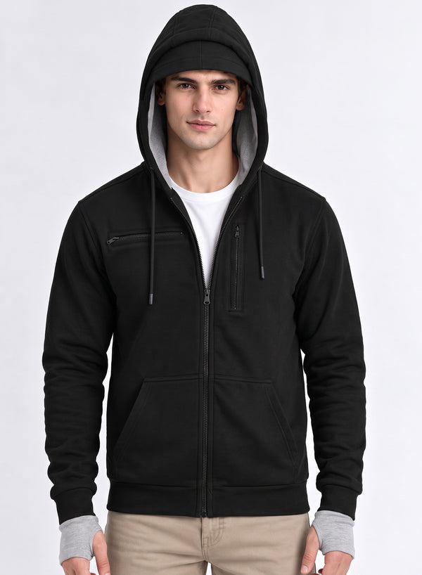Adro Travel Hoodie for Men | Mens Multi Utility Zipper Hoodies| 320 GSM Soft Cotton |Men's Winter Sweatshirt | Waterproof Pockets Zip-Up Jacket with Hood Eye Shade | Black