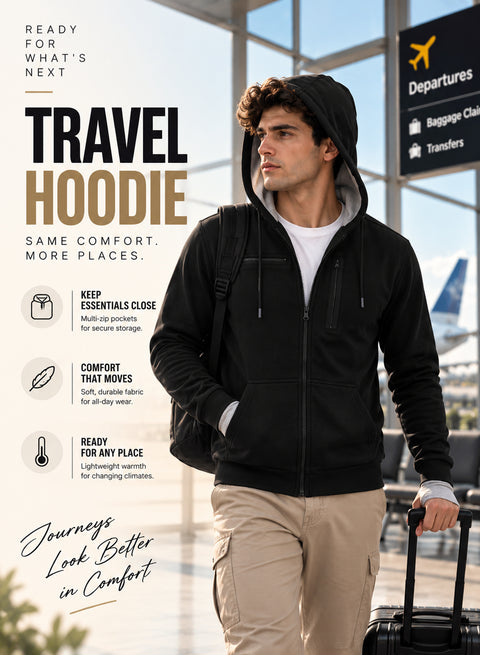 Adro Travel Hoodie for Men | Mens Multi Utility Zipper Hoodies| 320 GSM Soft Cotton |Men's Winter Sweatshirt | Waterproof Pockets Zip-Up Jacket with Hood Eye Shade | Black