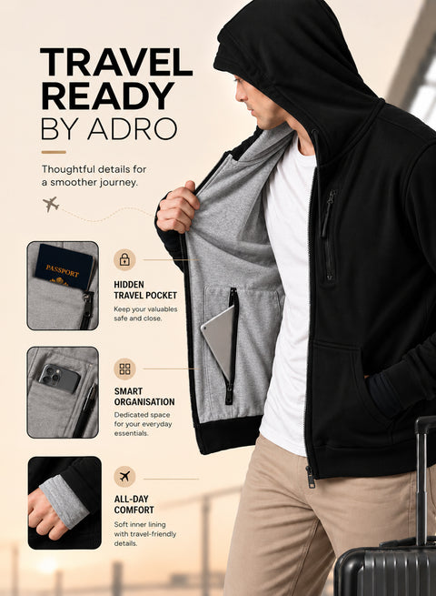 Adro Travel Hoodie for Men | Mens Multi Utility Zipper Hoodies| 320 GSM Soft Cotton |Men's Winter Sweatshirt | Waterproof Pockets Zip-Up Jacket with Hood Eye Shade | Black