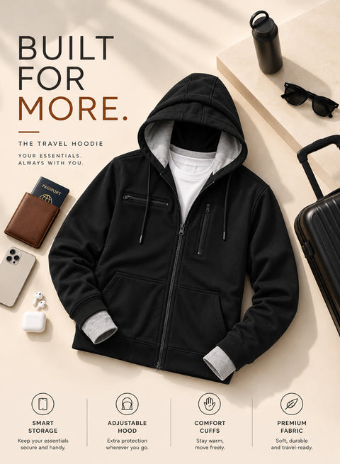 Adro Travel Hoodie for Men | Mens Multi Utility Zipper Hoodies| 320 GSM Soft Cotton |Men's Winter Sweatshirt | Waterproof Pockets Zip-Up Jacket with Hood Eye Shade | Black