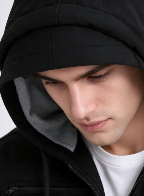 Adro Travel Hoodie for Men | Mens Multi Utility Zipper Hoodies| 320 GSM Soft Cotton |Men's Winter Sweatshirt | Waterproof Pockets Zip-Up Jacket with Hood Eye Shade | Black