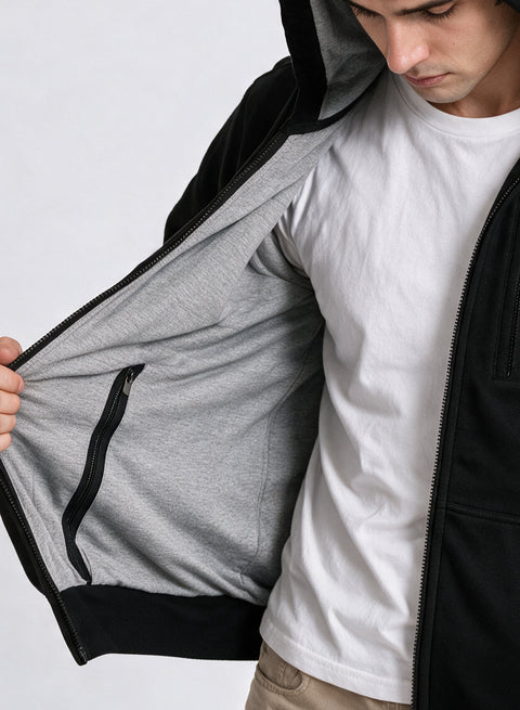 Adro Travel Hoodie for Men | Mens Multi Utility Zipper Hoodies| 320 GSM Soft Cotton |Men's Winter Sweatshirt | Waterproof Pockets Zip-Up Jacket with Hood Eye Shade | Black