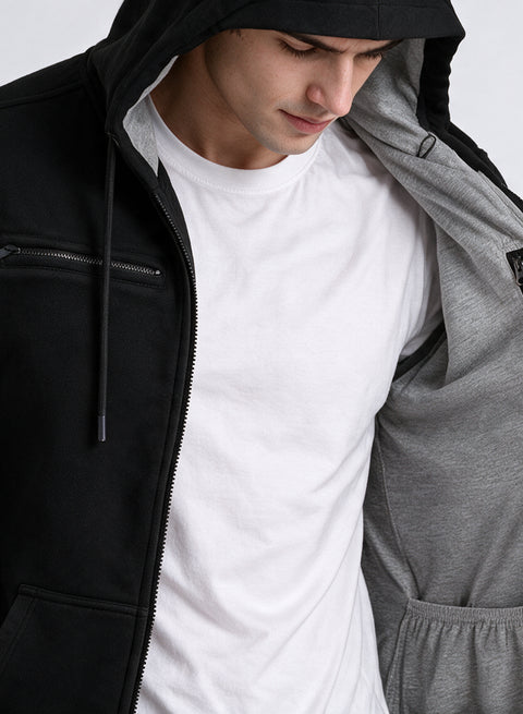 Adro Travel Hoodie for Men | Mens Multi Utility Zipper Hoodies| 320 GSM Soft Cotton |Men's Winter Sweatshirt | Waterproof Pockets Zip-Up Jacket with Hood Eye Shade | Black