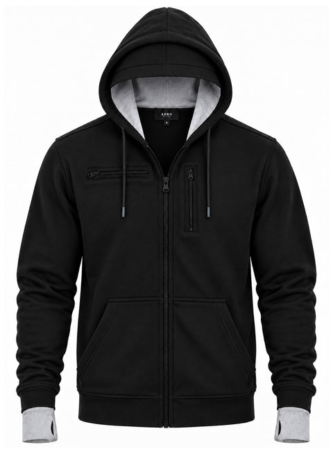 Adro Travel Hoodie for Men | Mens Multi Utility Zipper Hoodies| 320 GSM Soft Cotton |Men's Winter Sweatshirt | Waterproof Pockets Zip-Up Jacket with Hood Eye Shade | Black