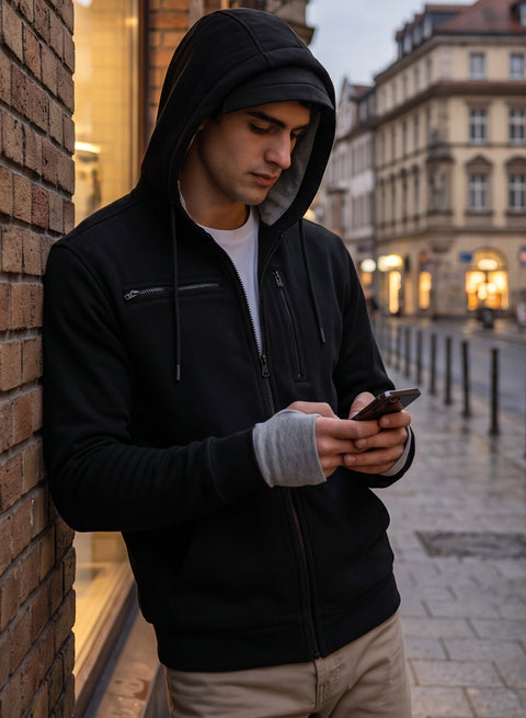 Adro Travel Hoodie for Men | Mens Multi Utility Zipper Hoodies| 320 GSM Soft Cotton |Men's Winter Sweatshirt | Waterproof Pockets Zip-Up Jacket with Hood Eye Shade | Black