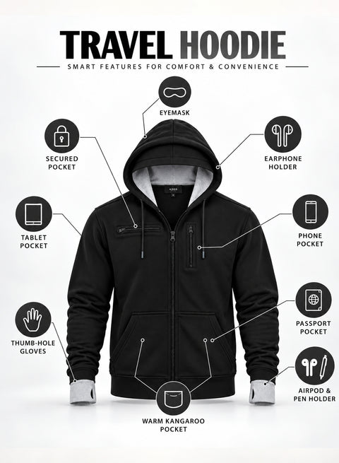 Adro Travel Hoodie for Men | Mens Multi Utility Zipper Hoodies| 320 GSM Soft Cotton |Men's Winter Sweatshirt | Waterproof Pockets Zip-Up Jacket with Hood Eye Shade | Black