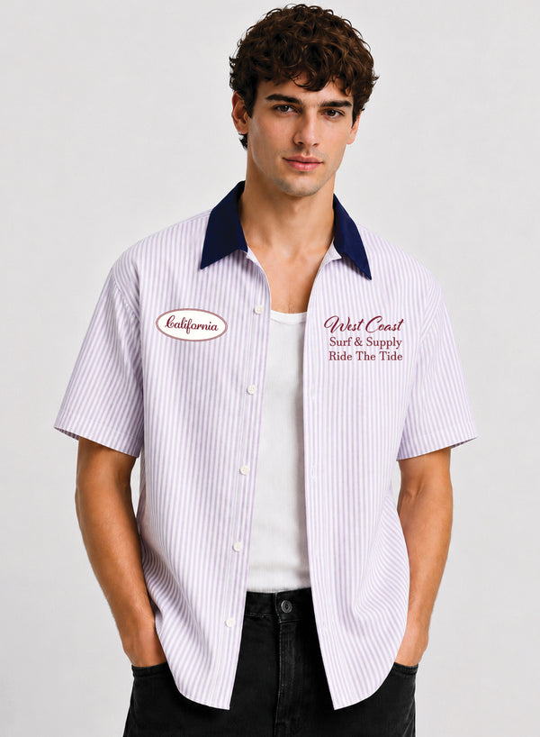 ADRO West Coast Ride The Tide Half Sleeve Striped Shirt for Men | Cotton Blend Casual Shirts | Relaxed Fit Contrast Collar Summer Wear | Lavender