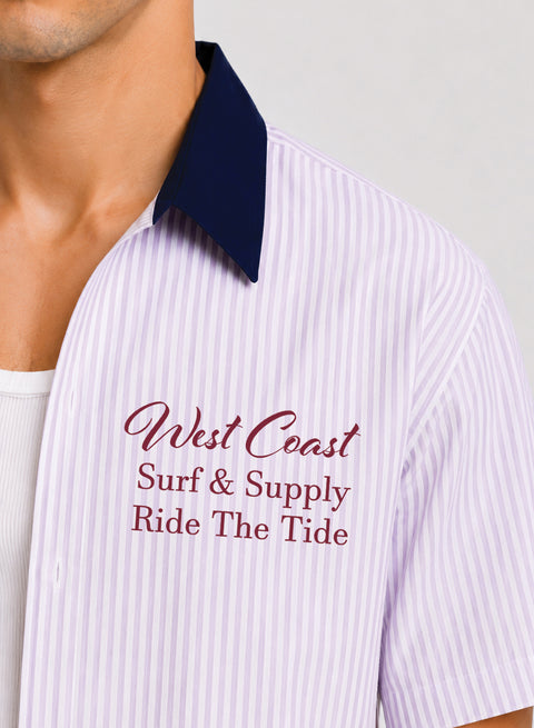 ADRO West Coast Ride The Tide Half Sleeve Striped Shirt for Men | Cotton Blend Casual Shirts | Relaxed Fit Contrast Collar Summer Wear | Lavender