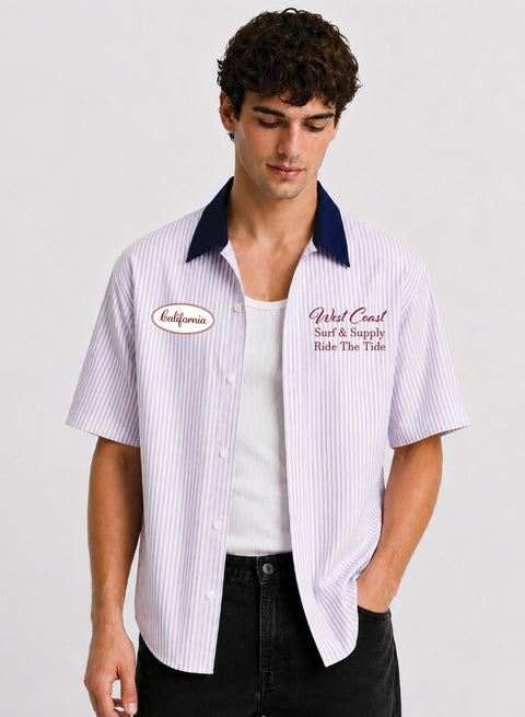 ADRO West Coast Ride The Tide Half Sleeve Striped Shirt for Men | Cotton Blend Casual Shirts | Relaxed Fit Contrast Collar Summer Wear | Lavender