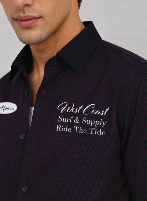 ADRO West Coast Ride The Tide Half Sleeve Striped Shirt for Men | Cotton Blend Casual Shirts | Relaxed Fit Contrast Collar Summer Wear | Maroon