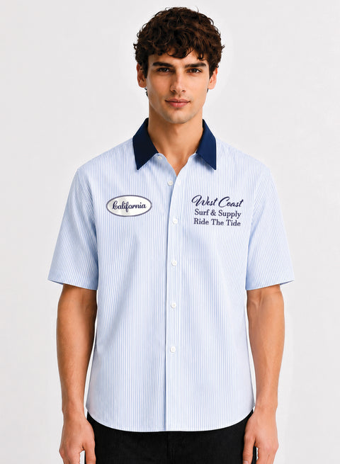 ADRO West Coast Ride The Tide Half Sleeve Striped Shirt for Men | Cotton Blend Casual Shirts | Relaxed Fit Contrast Collar Summer Wear | Sky Blue