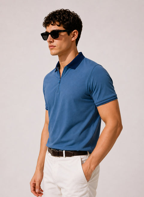 Mens Premium Cotton Polo T-Shirt | 220 GSM Soft Fabric | Casual stylish Look | Zipper Polo Design Polo T shirt | Polo Tshirt for All-Day Wear | Captain's Blue